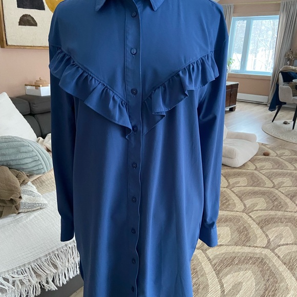 Blue Ruffled Shirt Dress - Picture 2 of 7